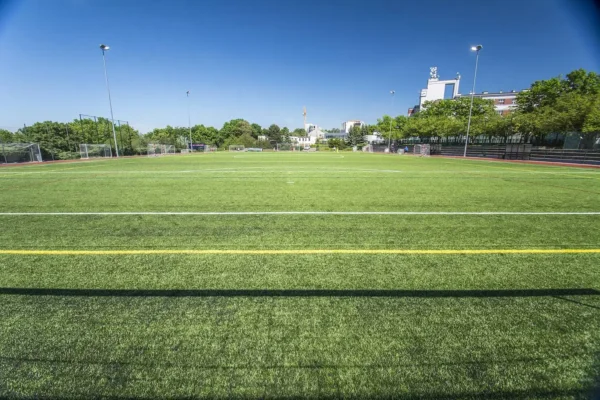 A well-maintained green soccer field under a clear blue sky, with goalposts visible at both ends. The field is surrounded by trees and residential buildings in the background. Stadium lights are positioned around the field, and a track encircles the field, reminiscent of Prague's scenic spots during a Prague Football Match.